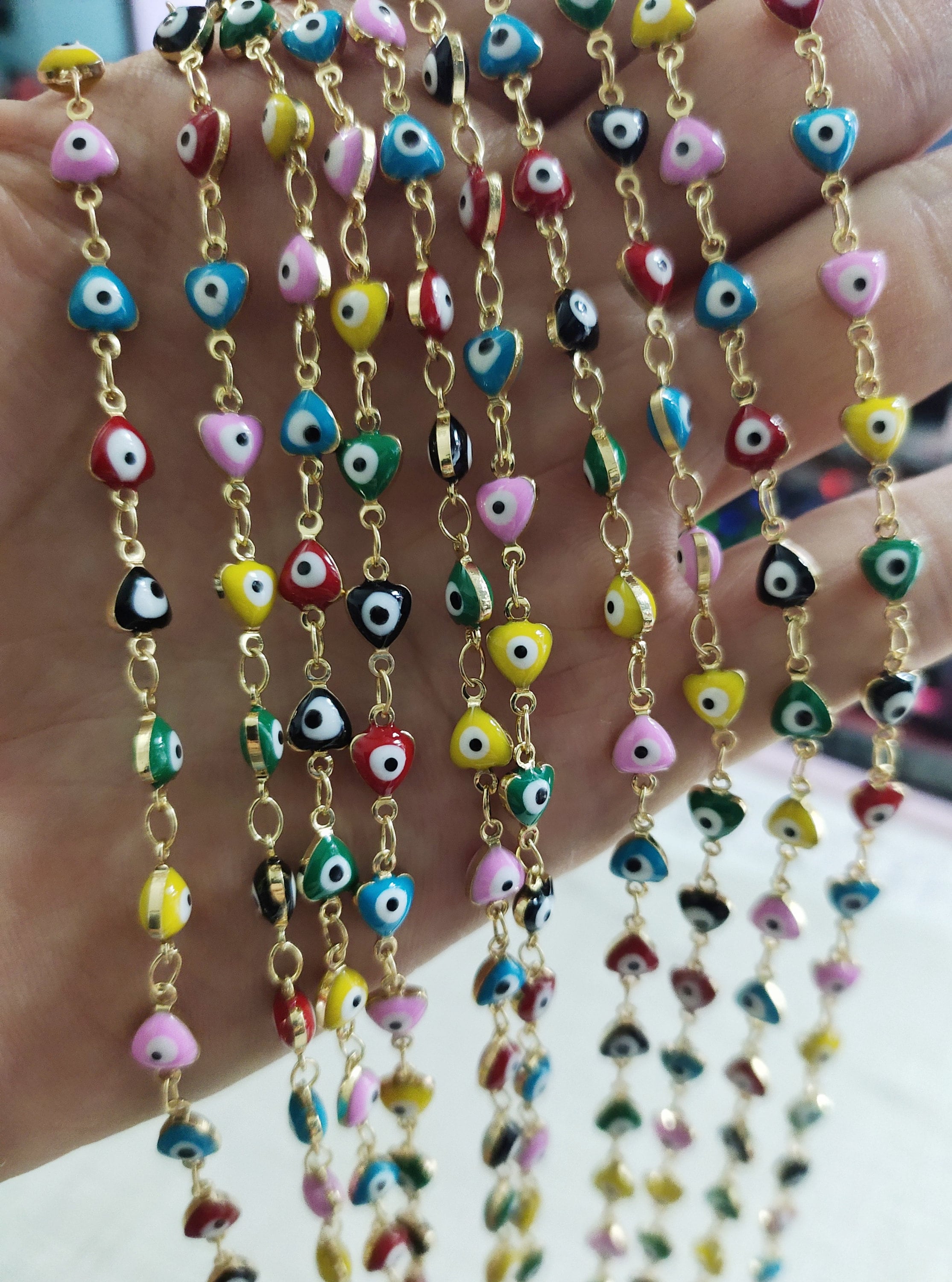 1 - 10 Meters Gold Plated Heart Evil Eye Chain ,multicolor Evil Eye ...