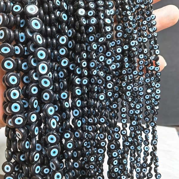 Black & Blue Evil Eye Flat Round Beads , Evil Eye Beads ,4 - 10mm Turkish Eye Beads for jewelry making ,Beading Supply ,14” Strand ,BA- 1240