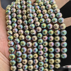 15.5 インチ レインボー ヘマタイト ビーズ、ヘマタイト スムース ラウンド ビーズ、8 mm 10 mm ヘマタイト レインボー ミスティック ビーズ、ビーズ ストランド、AI- 1210