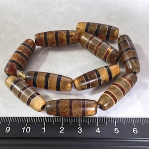 10pcs Brown Agate Dzi Barrel Beads ,Three Striped Tibetan Dzi Beads ,10x30mm Natural Agate Dzi Beads, Sacred Dzi Beads Jewelry ,AQ- 1070