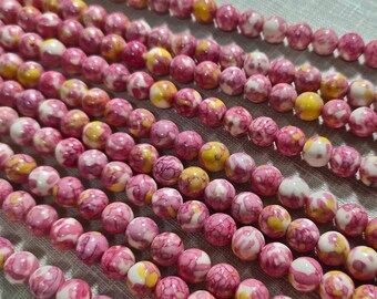 Pink Yellow Rain Flower Stone Beads ,6m 8mm 10mm Smooth Round Stone Beads ,Semi Precious Stone Beads for Jewelry Making ,15” Full Strand .