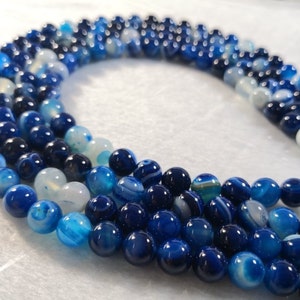 1 Full Strand Striped Agate Beads ,Bule Banded Agate Beads ,Smooth Round Agate Beads , 6mm 8mm 10mm Agate For Jewelry Making ,LA-336