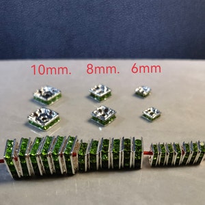 Silver Tone Green Rhinestone Crystal Square Spacer Beads ,Rhinestone Spacer Beads ,6mm 8mm 10mm Silver Square Beads ,50pcs / 100pcs BA- 1476