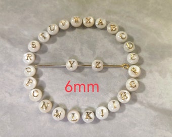 Perles de l'alphabet en nacre 6 mm, rondes avec lettre dorée, perles lettres double face en coquillage blanc, trou 0,8 mm, 2 à 50 pièces en option