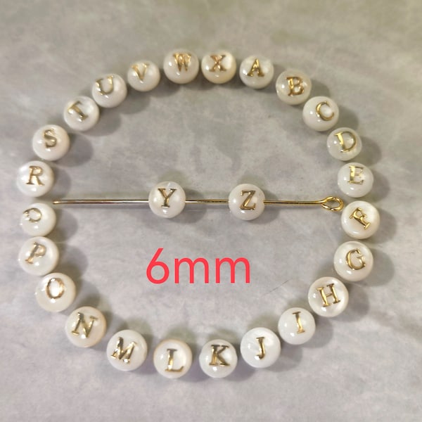 6mm Mother Of Pearl Alphabet Beads ,Puff Round With Golden letter, Double Sided White Shell Letter Beads , Hole 0.8mm, QTY 2-50pcs Optional