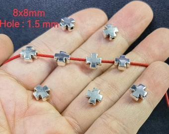Cuentas de cruz de plata antigua, cuentas de cruz de metal, cuentas de cruz de doble cara, cuentas de cruz religiosas de 8 x 8 mm, lote a granel de 30 a 100 piezas opcional, BA-1574