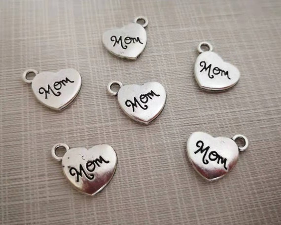 30pcs Double Sided Heart Mom Charms ,antique Silver Mom Pendants