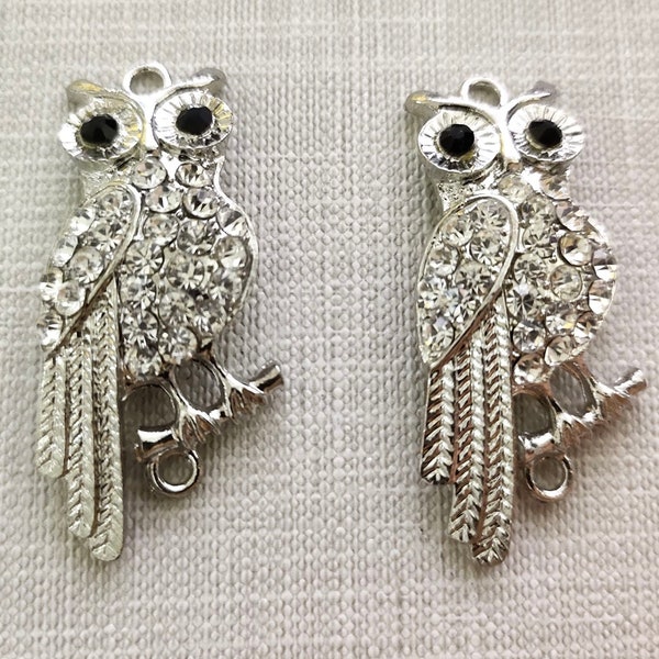 4 pièces breloques hibou strass, hibou argenté se connecte, strass se connecte, breloque oiseau 17x41mm, oiseau se connecte