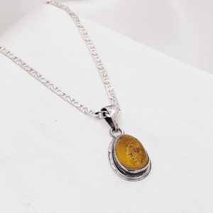 May include: A silver chain necklace with a pendant featuring a teardrop-shaped amber stone set in a silver bezel.
