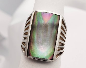 Exceptional 1960's Vintage Mid-century Modern Sterling Silver Abalone Statement Ring  Modernist .925 Band Very LARGE! Men's or Women's