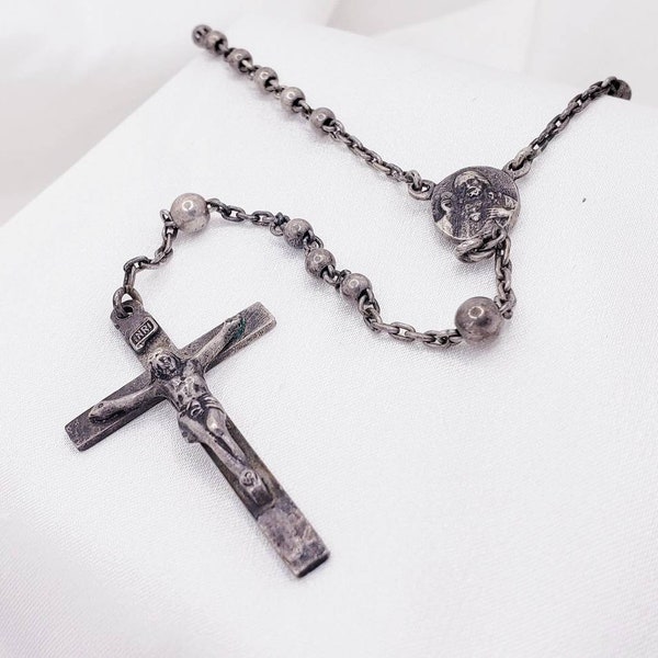 GORGEOUS Original Antique Italian 1900's Sterling Silver 925 Catholic Rosary Crucifix Necklace Pendant Jesus Christ Cruz Crucifijo en plata