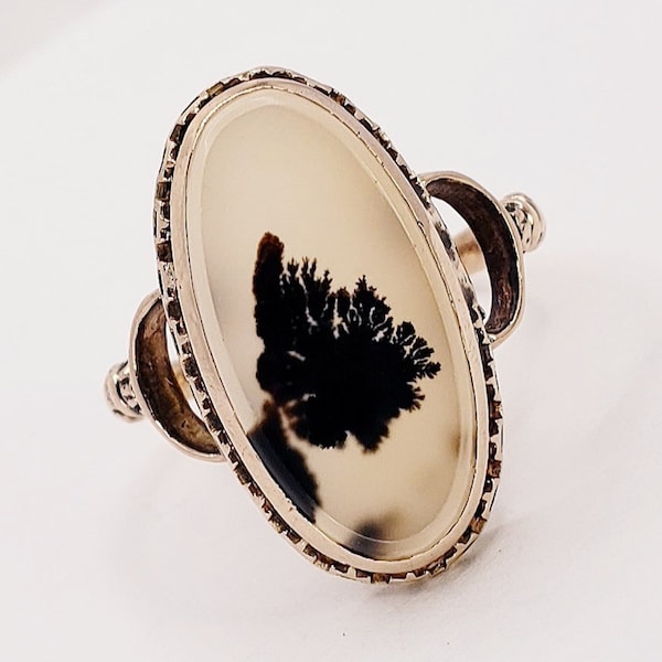 Exquisite Antique 1900'S Victorian Dendritic Moss Agate 14k Rosey Yellow Gold Ring Authentic Original Filigree Milgrain Floral Engagement