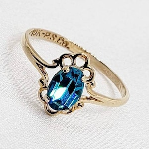 Charming Antique 1910s Victorian 10k Yellow Gold London Blue Topaz Ring Authentic Original Cocktail Engagement Baby December Birthstone