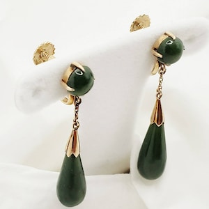 Luxurious Antique 1900s Victorian JADE 14k Yellow Gold Earrings Teardrop Chandelier Screw on back Screwback Authentic Original Lucky Drop