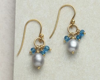 Gold-Plated Pearl Earrings, Delicate Silver Pearl Earrings, Pearl & Blue Topaz Earrings, Artistic Pearl Earrings, Modern Pearl Earrings