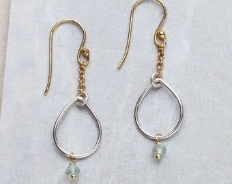 Aquamarine & Sterling Silver Earrings, Boho Chic Aquamarine Earrings, Summer Earrings, Ocean Earrings, Mixed Metals Earrings, Gold-Plated