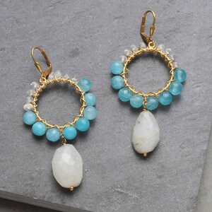 White Moonstone Earrings, Blue Quartz Earrings, Sterling Silver Earrings, Handmade Earrings, Gold Plated Earrings, Hoop Earrings,