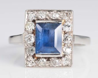 Art Deco Platinum 1.8 carat Sapphire and Diamond Cluster Ring