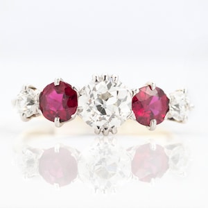 Art Deco 18ct Yellow Gold Ruby and Diamond Five Stone Ring