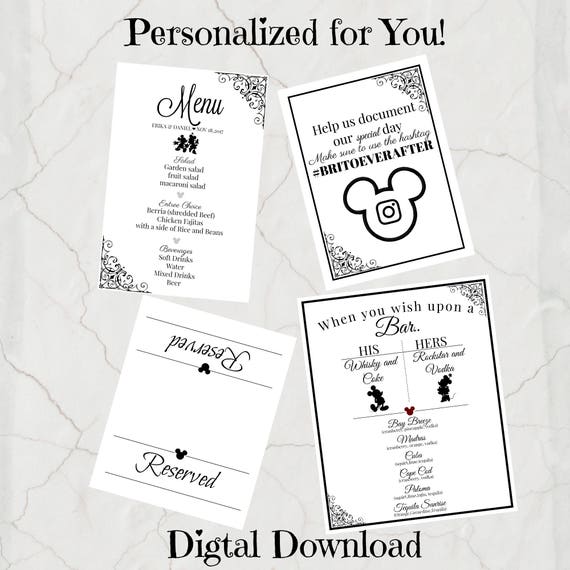 Disney Wedding Menu Cards Disney Bar Menu Disney Table Etsy
