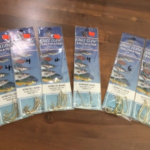 30 Eagle Claw Saltwater Snelled Fish Hooks Striped Bass TWO # 6 no 9212 -6/0  THREE # 4 no. 9212 -4/0 Gold Finish Wright & McGill Company