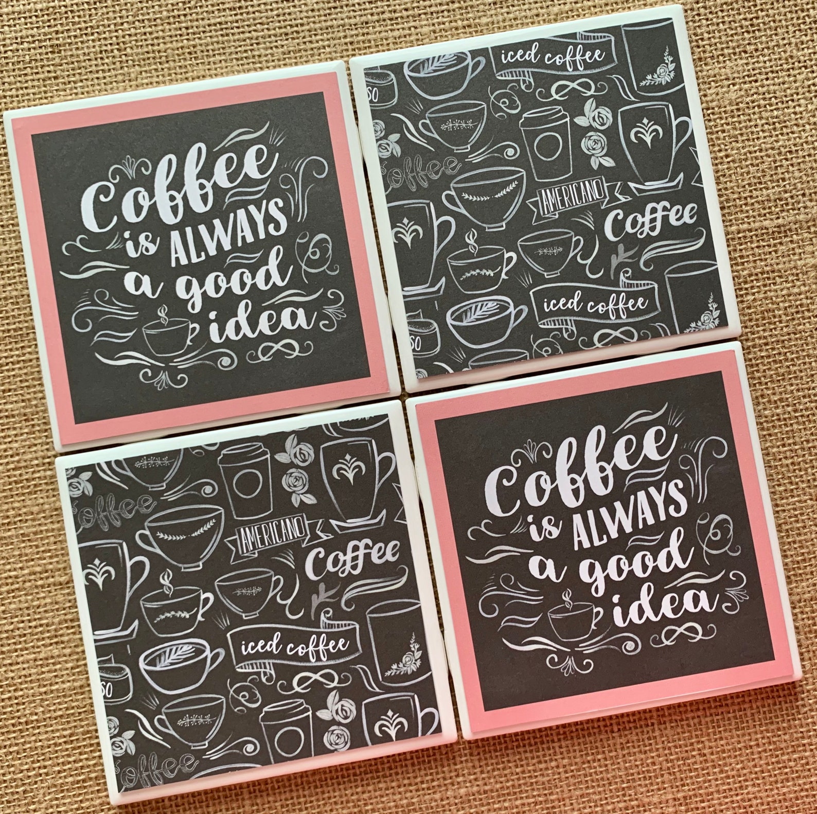 Coffee Theme Ceramic Tile Drink Coasters Set Etsy
