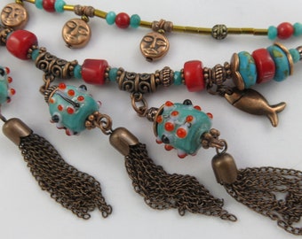 Collier DANSE de la NOUVELLE LUNE corail, turquoise, bronze patiné