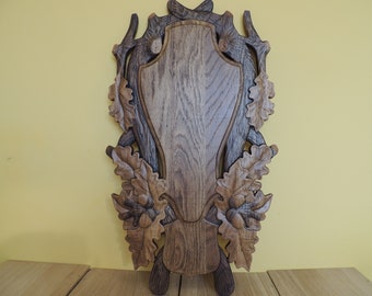 carved board antler plaque, taxidermy trophy shield hunt roe deer made of oak deer mount plaque
