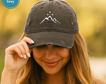 Mountain with stars, bookish merch, mountain hat, embroidered baseball hat, Distressed dad hat, bookish hat, reading gifts