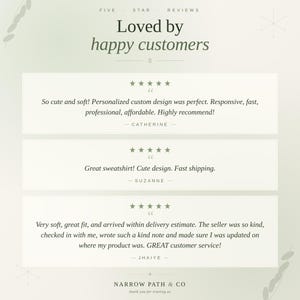 May include: A light green graphic featuring the text Loved by happy customers and Five Star Reviews. It displays three customer testimonials with five-star ratings from Catherine, Suzanne, and Jhaiye, ending with the text Narrow Path & Co.