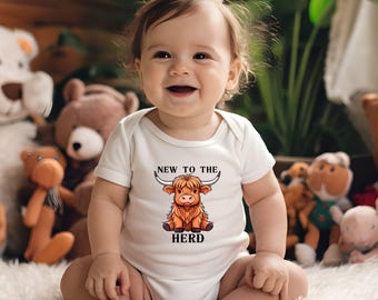 New to the herd, baby shower gift, baby announcment, gender reveal, Highland Cow bodysuit, Cute baby bodysuit