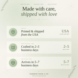 May include: A light green informational graphic with dark green text. The header reads Made with care, shipped with love. It lists origin as USA, processing time as 2-5 business days, and shipping time as 5-7 business days. Narrow Path & Co is at the bottom.