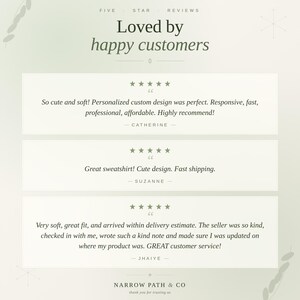 May include: A light green graphic featuring the text Loved by happy customers and Five Star Reviews. It displays three customer testimonials with five-star ratings from Catherine, Suzanne, and Jhaiye, ending with the text Narrow Path & Co.