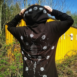 Organic Cotton Forest Goddess Fae Fairy Pixie Boho Hippy Festival Hoodie Dress Block printed Hand painted Fern Cone Psy Eco Vegan Punk