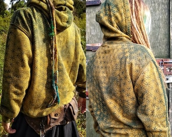 Sacred Geometry Flower of Life Hoodie Festival Eco Pixie Psy Trance Hippy Goa Forest Fae Green