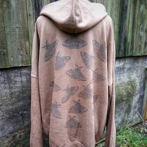 Moth hoodie/hand dyed hoodie/pixie hoodie/ witch hoodie/forest hoodie/taupe hoodie/moth print hoodie/organic hoodie/vegan hoodie/boho