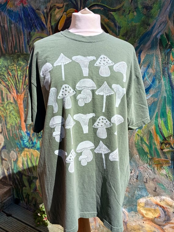 Handmade Mushroom Print Organic Cotton T-Shirt: Forest Fae Design