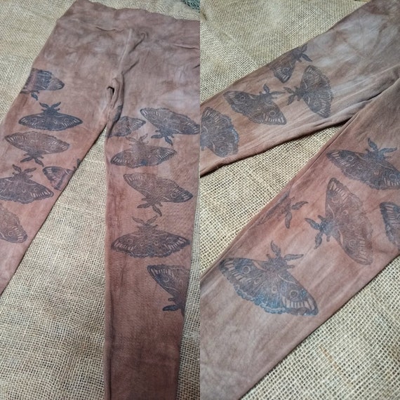 Hand-Dyed Moth Print Leggings: Organic Cotton High Waisted Yoga Boho