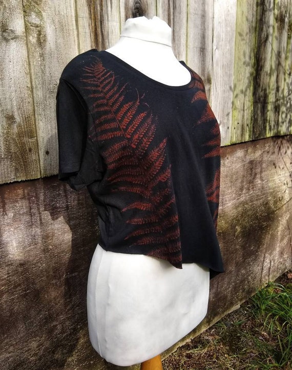 Organic Cotton Fern Print Crop Top: Asymmetrical Pixie Hippie Tee