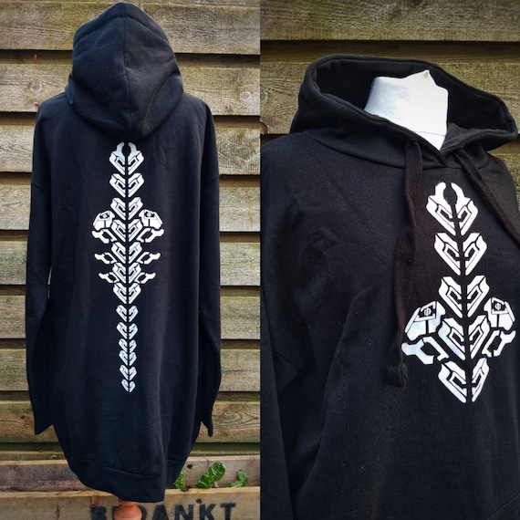 Cyber Spine Hoodie Dress: Hand-Printed Cyberpunk Rave Wear