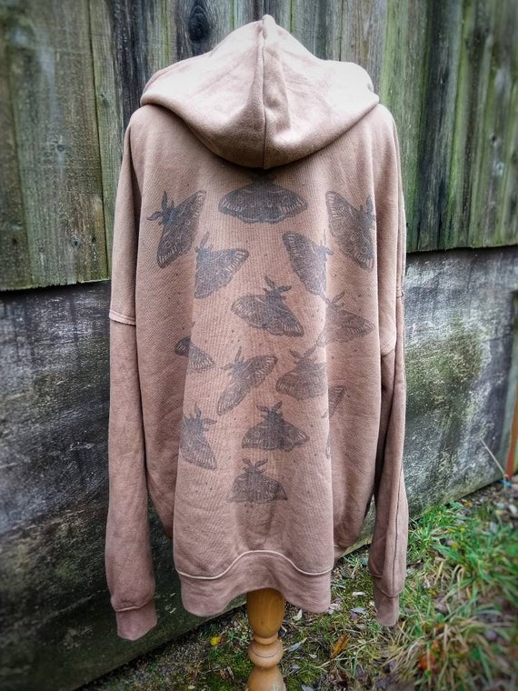 Hand-Dyed Organic Cotton Moth Hoodie: Lino Cut Print