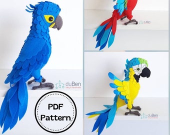 Patrón PDF/Patrón de fieltro/ Guacamayos brasileños /Patrón de guacamayos de fieltro /Patrón de pájaros /PDF Patrón de loro/ Patrón de costura de loro de fieltro/ Guacamayo azul