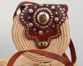 Handgewebte marokkanische Raffia Tasche: Boho Leder Crossbody