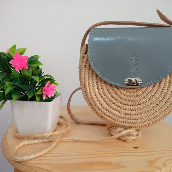 Bolsa de rafia marroquí, bolso de rafia, bolsa Boho, cuerpo cruzado étnico, bolsa redonda Raffia