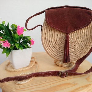 Bolso de rafia marroquí, Bolso de rafia, Bolso Boho, Cuerpo cruzado étnico, Bolso redondo de rafia