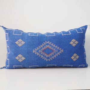 Blue Moroccan Sabra Silk Lumbar Pillow: Boho Cactus Silk Cushion