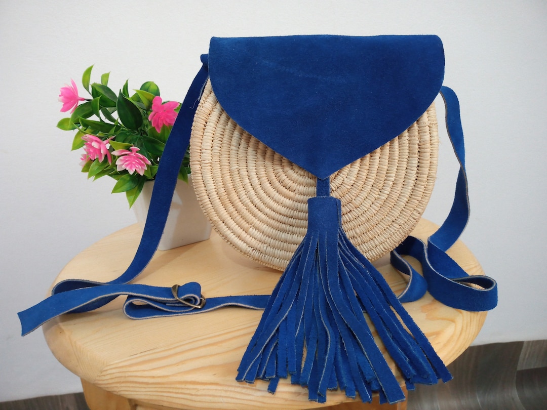 Handwoven Moroccan Raffia Bag: Boho Round Crossbody With Leather Strap ...