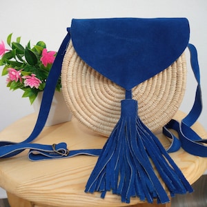 Moroccan Raffia Bag, Raffia Handbag, Boho Bag, Ethnic Cross-Body, Raffia round bag