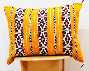 Vintage Moroccan Kilim cushion Handmade Berber Kilim/kilim vintage pillow  unstuffed yellow wool cushion