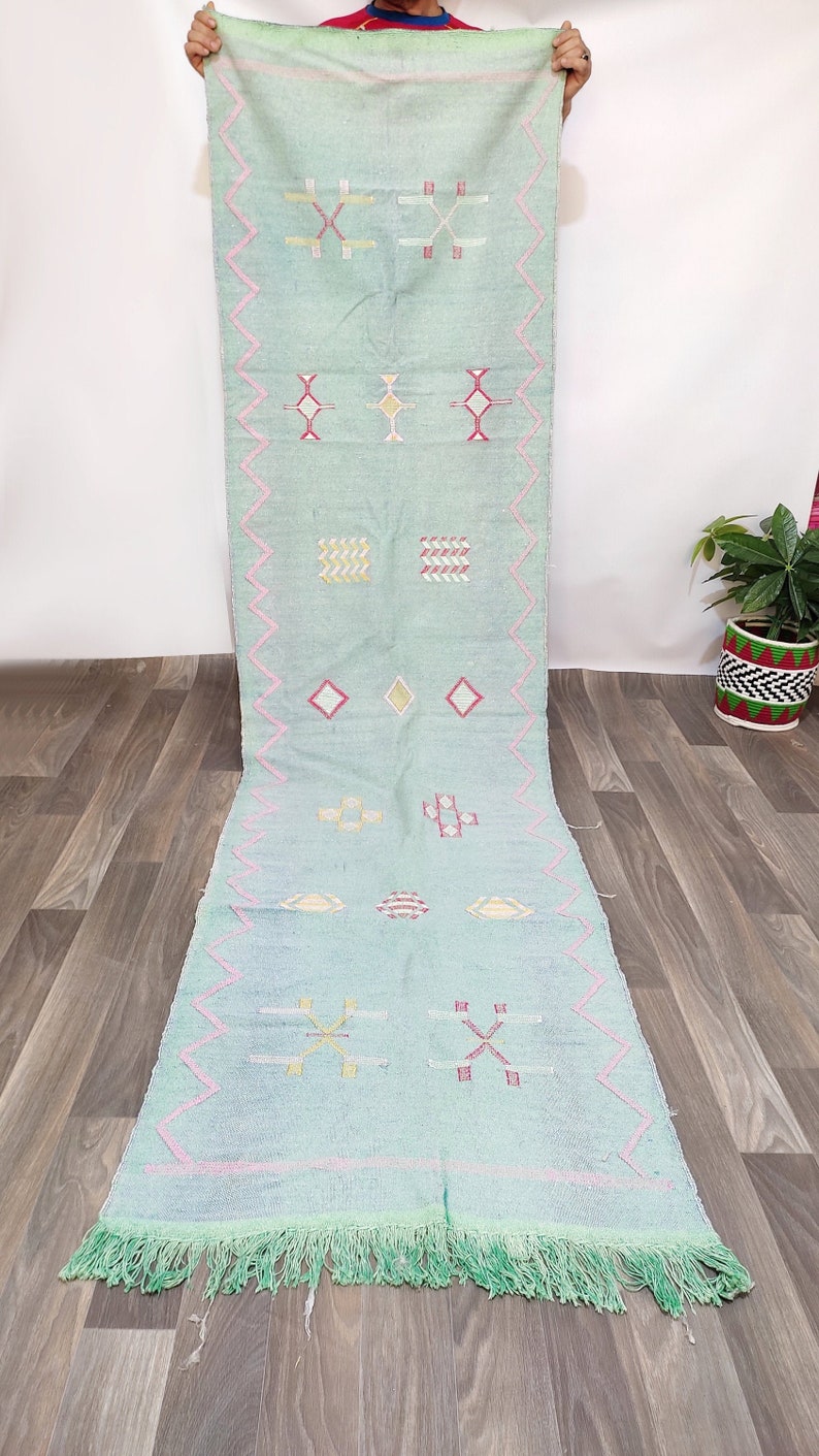 Light green rug bohemian runner Authentic Silk carpet Moroccan rug, cactus rug Handmade area ruge image 1
